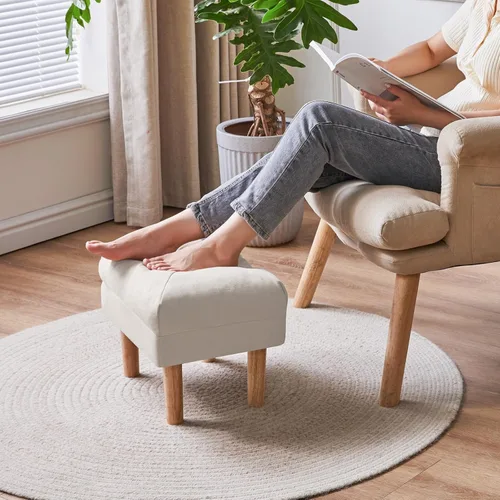 Vista 2 de YMYNY Taburete pequeño de 15.75 pulgadas, reposapiés con asiento acolchado suave de esponja, taburete de tela de mezcla de algodón y lino para sofá