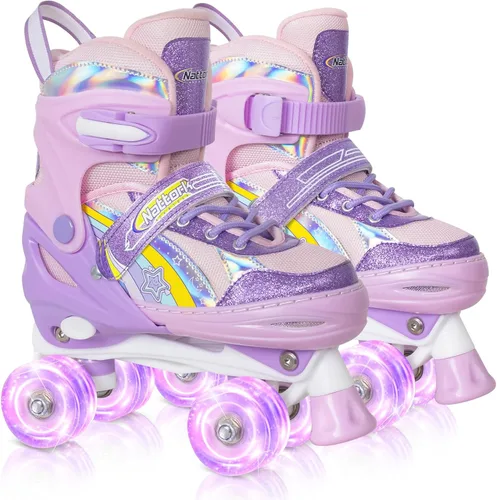 Vista 8 de Nattork Patines de ruedas para niñas para niños, 4 tamaños ajustables de arco iris con todas las ruedas iluminadas, el mejor regalo de cumpleaños