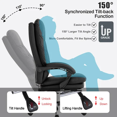 Vista 4 de Silla de oficina ejecutiva de masaje amasado con calefacción, silla reclinable de 90-135° con reposapiés, sillas de escritorio ergonómicas