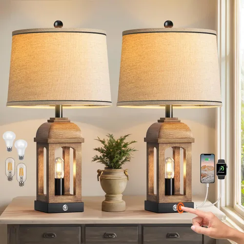 Vista 10 de QiMH Lámpara de mesa para sala de estar, lámparas de granja con USB A+C y luz nocturna, lámparas de noche rústicas de 26" con control táctil