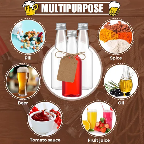 Vista 3 de Mifoci Juego de 100 mini botellas con tapas, mini botellas de licor de alcohol, botellas de plástico transparente de 2.5 onzas con tapa de rosca