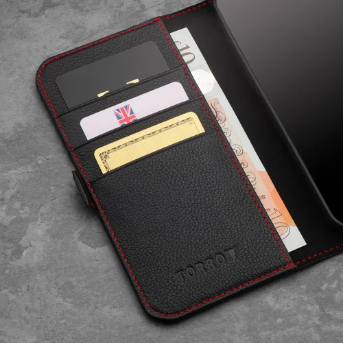 Vista 5 de TORRO Funda de cuero compatible con iPhone 12 Mini - Funda de piel auténtica tipo cartera con tarjetero y función atril (negro)