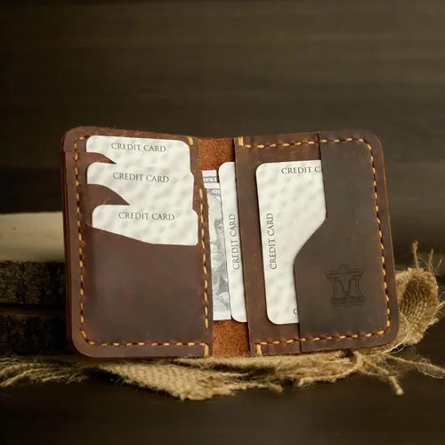 Vista 5 de Cartera de cuero hecha a mano, billetera de cuero minimalista, billetera plegable, billetera de bolsillo frontal, tarjetero de cuero hecho a mano