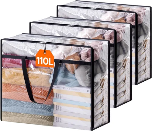 Vista 23 de Lifewit Paquete de 2 bolsas transparentes de almacenamiento de ropa, 75L almacenamiento grande de mantas de plástico, bolsas de mudanza plegables