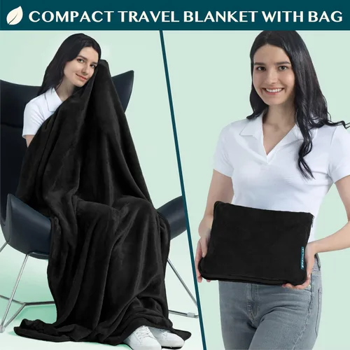 Vista 2 de PAVILIA Almohada Manta de Viaje, Manta Suave de Avión Conjunto Combo 2 en 1, Manta de Avión Compacta Empacable, Esenciales de Vuelo Almohada