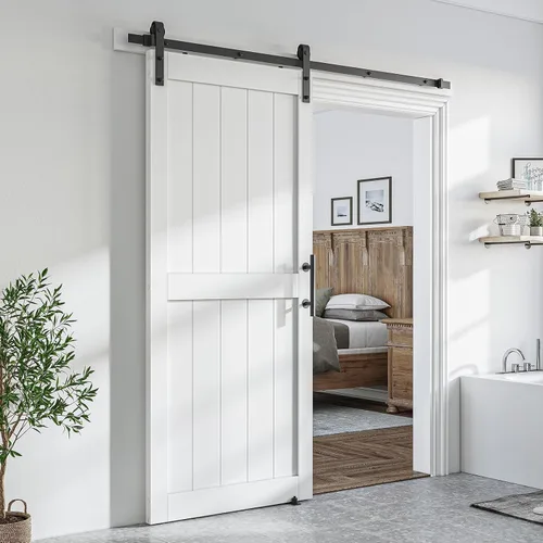 Vista 20 de SmartStandard Puerta corrediza de granero MDF blanca de 24 x 84 pulgadas con kit de herrajes para puerta corredera negra de 4 pies y asa