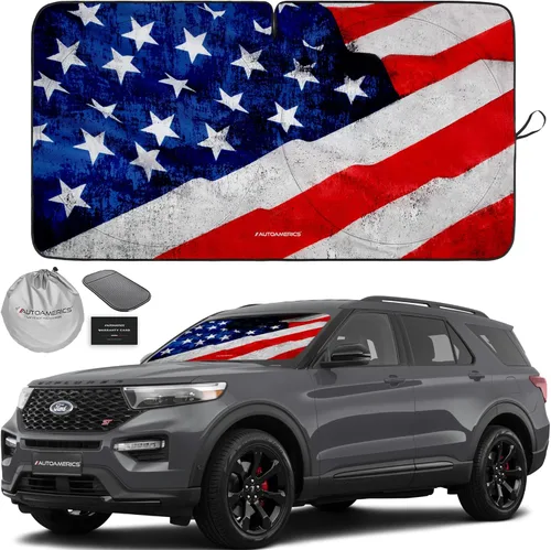 Vista 68 de Autoamerics Parasol para parabrisas de 1 pieza, diseño de camuflaje marrón con bandera estadounidense de Estados Unidos, parasol plegable