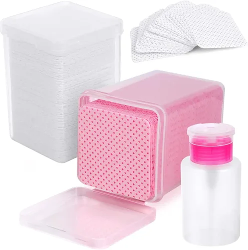 Vista 13 de 200 almohadillas de algodón para uñas, 1 botella dispensadora de bomba extraíble, toallitas de pegamento para pestañas suaves no tejidas, Rosa