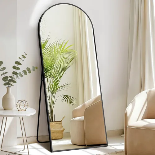 Vista 23 de DUMOS - Espejo de pie arqueado de cuerpo completo con soporte, marco de aluminio, para colgar o apoyar, nanocristal inastillable, para decorar