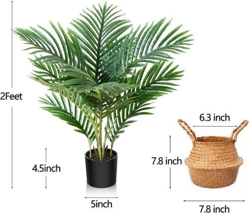 Vista 3 de LOMANTO Planta artificial de palmera Majesty, plantas artificiales de 2 pies para decoración del hogar, pequeños árboles artificiales en maceta