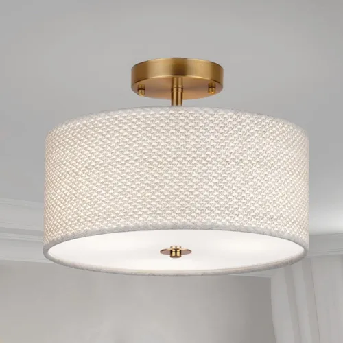 Vista 11 de Lámpara de techo de 13" de ratán tejido estilo boho, lámpara moderna de 3 luces de montaje semiempotrado con pantalla de tela en forma de tambo