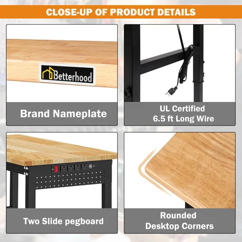 Vista 3 de Betterhood Banco de trabajo de altura ajustable, estación de trabajo resistente con parte superior de madera de goma de 60 pulgadas con tomas