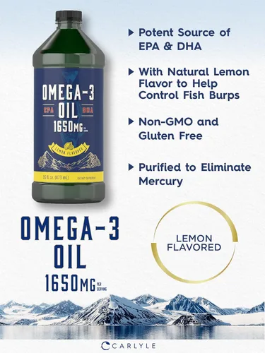 Vista 3 de Carlyle Aceite de pescado líquido Omega 3 1650 mg 32 onzas líquidas (2 botellas de 16 onzas) Sabor a limón Suplemento sin OMG y sin gluten
