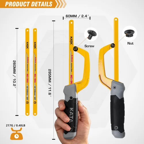 Vista 2 de KATA Mini sierra para metales para corte de metal, herramienta de sierra de mano compacta con marco de aluminio de 10 pulgadas y 2 hojas de sierra