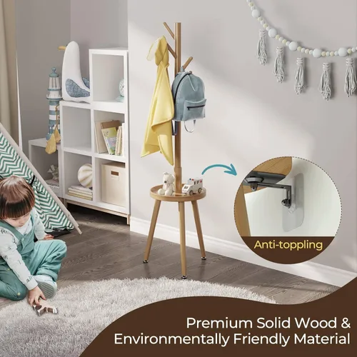 Vista 4 de GREENSTELL Perchero con 8 ganchos, perchero de madera independiente con estante, árbol de abrigo con 4 opciones de altura de 50.5 a 72.6 pulgadas