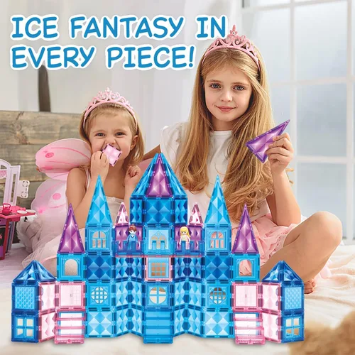 Vista 3 de 110 azulejos magnéticos de castillo de princesa, funda de transporte con cremallera + 2 muñecas de regalo incluidas, bloques magnéticos, juguetes