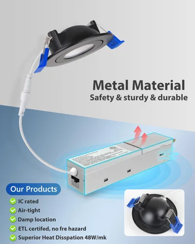 Vista 8 de Adetu Iluminación empotrable LED negra de cardán 5CCT de 2 pulgadas con caja de conexiones, luces empotrables LED ajustables de 360°+90°