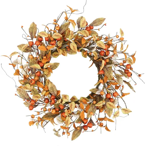 Vista 15 de YNYLCHMX Coronas de otoño de 18 pulgadas para puerta delantera, corona de otoño artificial, corona de puerta de otoño con hojas de eucalipto y sorgo