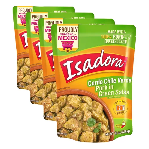 Vista 5 de Isadora Chile Verde de cerdo totalmente cocido, bolsa de 15 onzas, comida mexicana auténtica lista para comer, cerdo en salsa verde, calor medio
