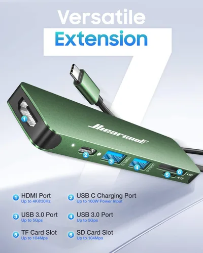 Vista 2 de Hiearcool - Adaptador HUB con USB C y 7 puertos en 1 de USB C a HDMI compatible para laptops Thunderbolt 3 y 4, MacBook Pro, Air, Dell, Lenovo, HP