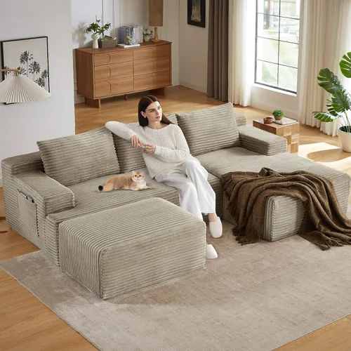 Vista 45 de Sofá modular de 95 pulgadas con otomana, moderno sofá nube de pana con asiento profundo, sofá sin hueso tapizado de 3 plazas en forma de U para sala