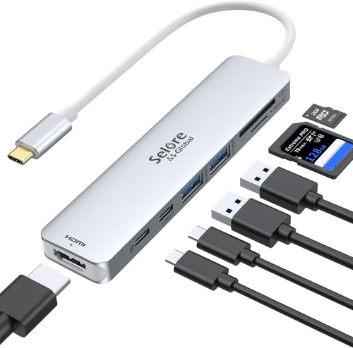 Vista 8 de Adaptador HUB USB C HDMI para MacBook Pro/Air, dongle USBC 7 en 1 con HDMI, lector de tarjetas SD/TF, puerto de datos USB C, 100W PD y 2 USB 3.0