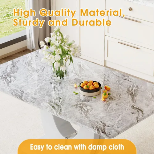 Vista 9 de JUFU Juego de 4 mesas de comedor modernas para 4, juego de mesa de comedor de mármol sintético gris para 4, 63 sillas rectangulares de mesa