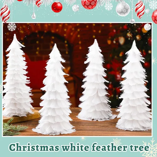 Vista 4 de Liliful Árbol de Navidad de plumas blancas con puntas de purpurina de 12 pulgadas, árbol de Navidad, decoración de mesa, centros de mesa
