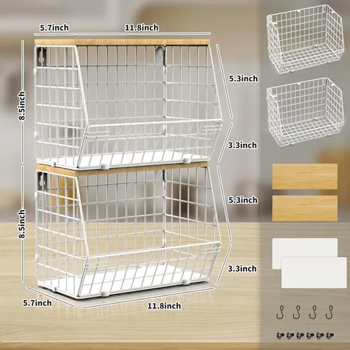 Vista 7 de Estante Magnético para Refrigerador con Tapa de Madera, Cesta de Frutas Resistente, Contenedores de Almacenamiento de Frutas, Papas y Cebollas