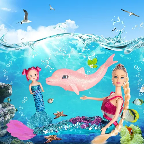 Vista 2 de Muñeca de princesa sirena Yellow River con juguetes de sirena y delfín rosa, juguetes de sirena de pelo rubio con accesorios, regalo para niñas de 3