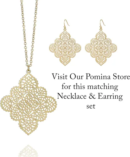 Vista 6 de POMINA Collar largo con colgante de filigrana floral geométrico dorado, suéter de moda casual simple, collar largo de cadena de oro para mujer