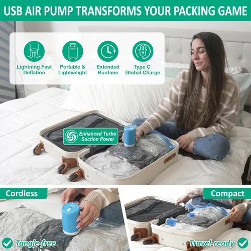 Vista 4 de Cozy Essential Bolsas de almacenamiento al vacío de viaje con bomba USB recargable inalámbrica, bolsas ahorradoras de espacio para equipaje, maleta