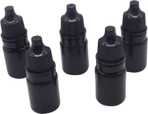 Vista 11 de Snadulor 60 botellas vacías de plástico negro con gotero exprimible de 0.2 fl oz con tapa protectora, botella de gotas para los ojos (tapa roja)