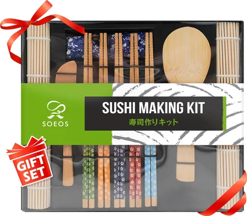Soeos Kit de fabricación de sushi para principiantes, kit de 10 piezas de sushi de bambú con 2 alfombrillas de bambú, 5 pares de palillos, paleta