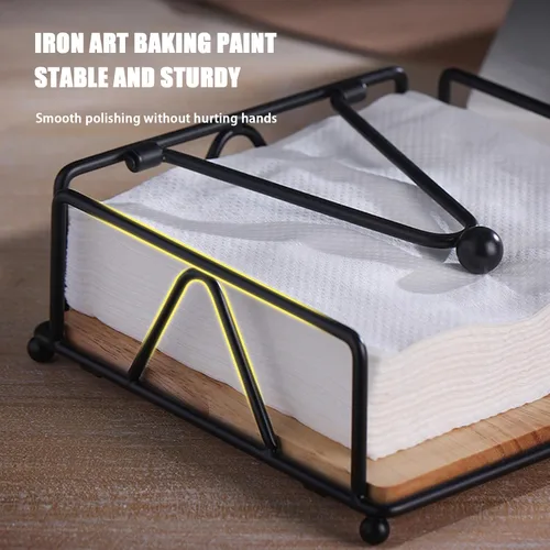 Vista 4 de Metal Napkin Holder with Weighted Tension Arm & Wooden Base, Rustic Dispenser for Table & Kitchen, Black