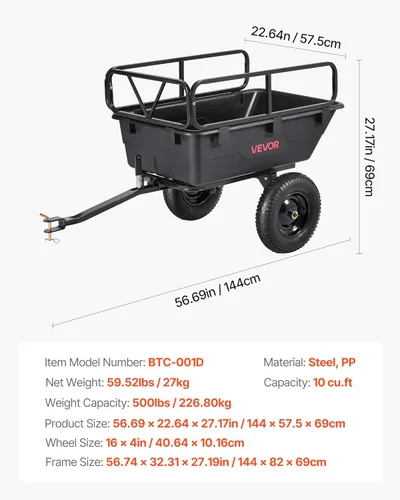 Vista 7 de VEVOR 500lbs 10 pies cúbicos ATV UTV remolque remolque detrás de carro de basura, remolque de descarga resistente para cortacésped, remolque