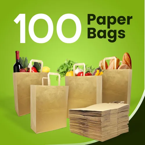 Vista 2 de Reli. Bolsas de papel para comestibles con asas (100 unidades, a granel) (12 x 7 x 14 pulgadas), bolsas de papel grandes con asas, base resistente