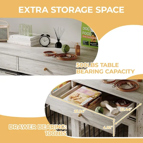 Vista 4 de Caja de mueble para perros de 47", Caja de perro estilo mueble grande para perros grandes/medianos/pequeños (Gris retro, una jaula)