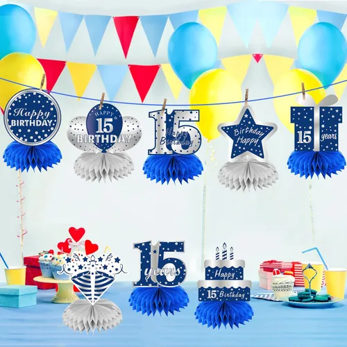 Vista 10 de Kauayurk - 8 centros de mesa de panal azul plateado para décimo cumpleaños de niños, suministros de fiesta de cumpleaños para decoración de mesa