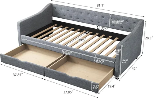 Vista 2 de Ball & Cast Sofá cama tamaño individual con dos cajones y tapizado en lino, estructura de cama de madera con respaldo copetado con botones y brazos