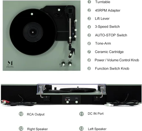 Vista 8 de MPK - Tocadiscos Bluetooth, sistema de alta fidelidad con altavoces de estantería, tocadiscos de vinilo de 3 velocidades con transmisión por correa