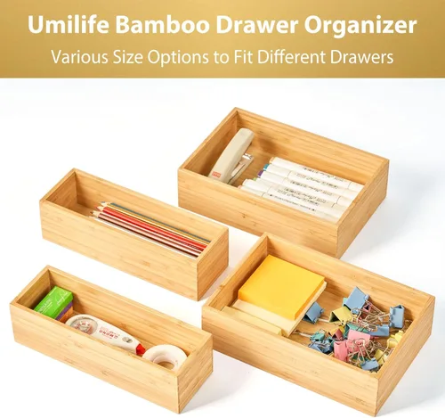 Vista 4 de Umilife Organizador de cajones de cocina de bambú, bandeja de cubiertos extra alta, caja de almacenamiento de cubiertos, soporte multiusos