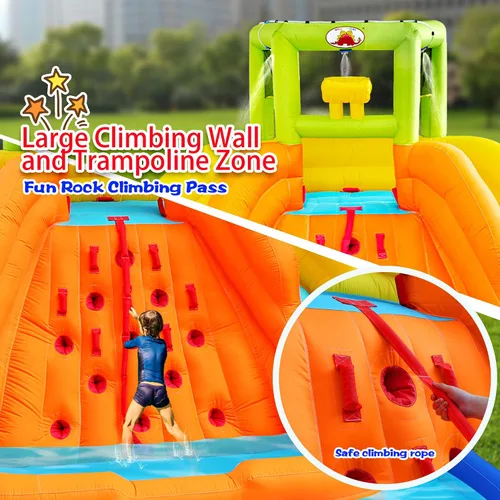 Vista 3 de Tobogán de agua inflable, casa de rebote con cubo de agua, piscina profunda, pared de escalada con cuerda, castillo hinchable con soplador de aire