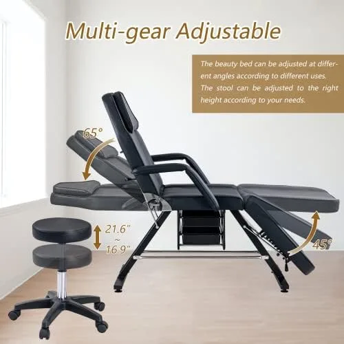 Vista 5 de Silla eléctrica de tatuaje de salón con 2 bandejas, cama esteticista de altura ajustable con taburete hidráulico, mesa de cama facial multiusos de 3