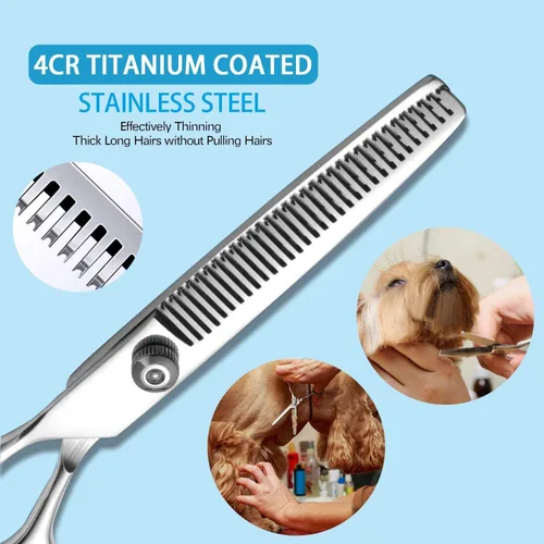 Vista 2 de Maxshop Tijeras de aseo para perros con puntas redondas de seguridad, kit de recortadora de titanio resistente para mascotas, tijeras