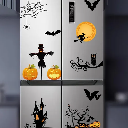 Vista 3 de Calcomanías extraíbles para ventana de Halloween, diseño de murciélago y calabaza, calcomanías de bruja para aulas, decoración de ventanas
