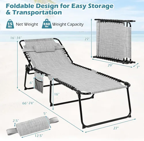 Vista 3 de Tangkula Widen - Sillón plegable y reclinable, portátil con 4 posiciones de respaldo, 2 posiciones de patas, almohada, silla de playa para tomar