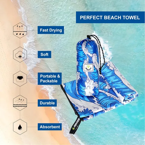 Vista 175 de 4Monster Toalla de playa de microfibra de secado rápido, toalla de viaje ligera súper absorbente para nadadores, toalla de camping sin arena