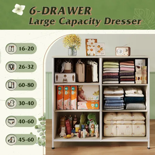 Vista 5 de WLIVE Cómoda de tela para dormitorio, cómoda doble de 6 cajones, torre de almacenamiento con cubos de tela, cómoda para armario, sala de estar, Gris