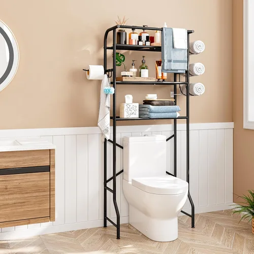 Vista 2 de Over The Toilet Storage Metal 3 Tier Bathroom Organizer Shelf with Paper Holder Easy to Assemble & Space Saving (Black)